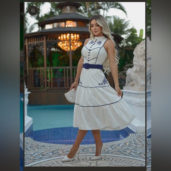 Agua de Rosas Linen Blend Midi Dress Sailor Nautical - Picture 1 of 13